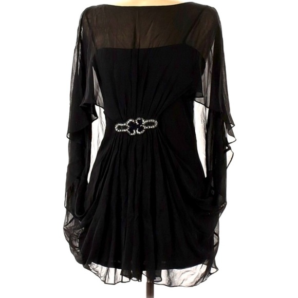 Teri Jon Rickie Freeman x Neiman Marcus Silk overlay mini dress 6 black - Picture 1 of 5